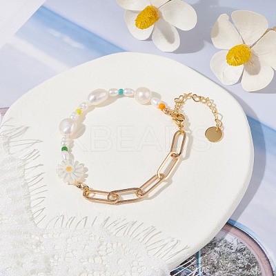 Sunflower Natural Shell Beads Bracelet BJEW-TA00027-1