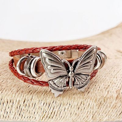 Butterfly Alloy PU Imitation Leather Cord Braided Bracelets FS-WG2E2BB-01-1