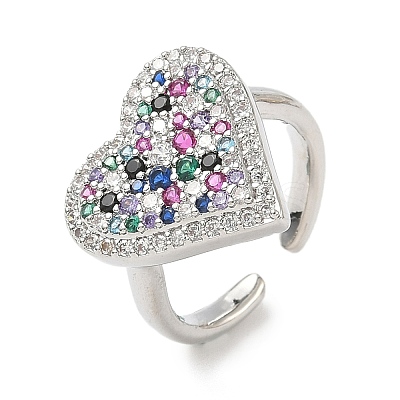 Heart Brass Micro Pave Cubic Zirconia Cuff Rings for Women RJEW-A069-12P-04-1