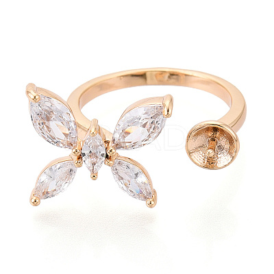 Butterfly Shape Brass Micro Pave Clear Cubic Zirconia Cuff Ring Settings for Half Drilled Beads KK-T076-47G-1