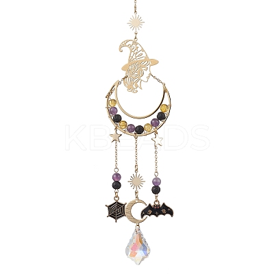 Halloween Natural Amethyst & Lava Rock & Synthetic Citrine Beads & Metal Witch & Moon Hanging Ornaments HJEW-TA00251-1