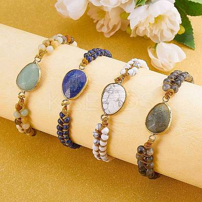 Natural Green Aventurine Teardrop Link Braided Bead Bracelet BJEW-SZ0002-54D-1