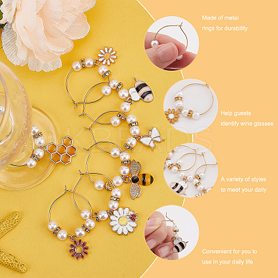 16Pcs 16 Style Bees & Flower Theme Alloy Enamel Wine Glass Charms AJEW-BC0003-91-1