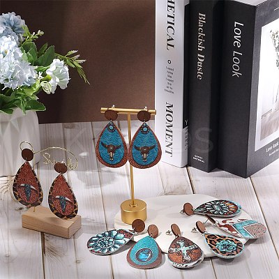 8 Pairs 8 Styles Teardrop PU Imitation Leather Dangle Stud Earring EJEW-SC0001-38-1