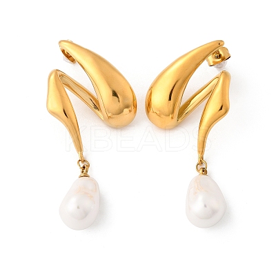 304 Stainless Steel Shell Pearl Stud Earrings for Women EJEW-U051-07G-1