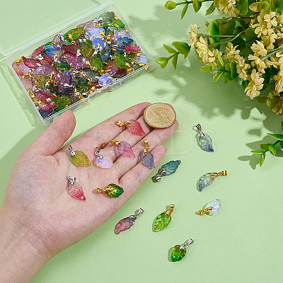 112Pcs 14 Styles Baking Paint Glass Leaf Shape Pendants PALLOY-PH01921-1