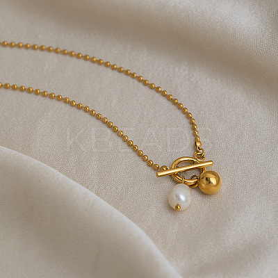 304 Stainless Steel and Faux Pearl Round Pendant Necklaces with OT Clasps for Women AR1092-1