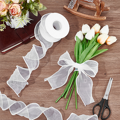 5 Yards Organza Plastic Ribbon with Plastic Pearl Edged OCOR-WH0101-185A-1