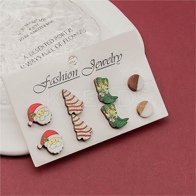 4 Pairs Santa Claus & Boot & Christmas Tree Printed Wood Stud Earrings EJEW-OY001-03-1