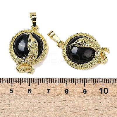 Natural & Synthetic Mixed Gemstone Flat Round Shaped Brass Pendants KK-F887-03G-1