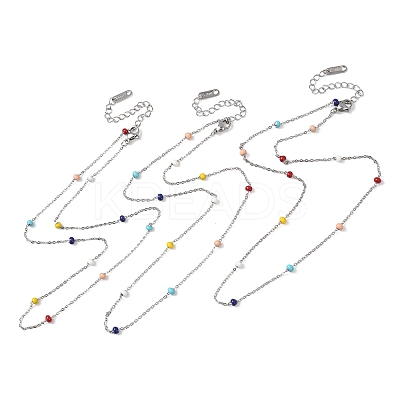 304 Stainless Steel Enamel Rondelle Bead Cable Chain Necklaces for Women NJEW-G190-01P-1