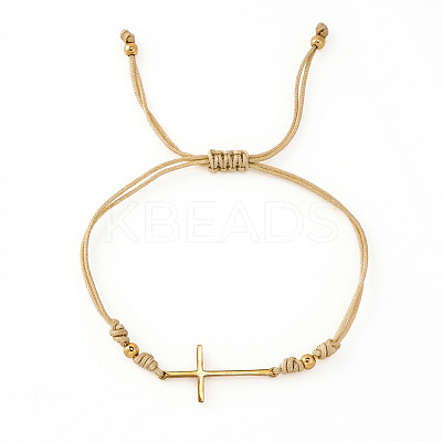 Adjustable 304 Stainless Steel Sideways Cross Link Handmade Braided Cord Bracelets with Brass Beads for Men Women HK4734-1
