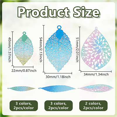 16Pcs 8 Colors 201 Stainless Steel Etched Metal Embellishments Pendants STAS-PH0007-19-1