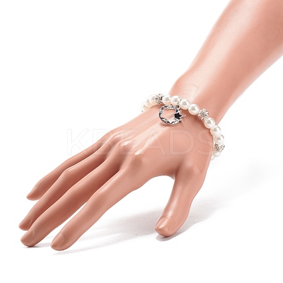 ABS Plastic Imitation Pearl  & Rhinestone Beaded Stretch Bracelet with Alloy Charm for Women BJEW-JB08526-01-1