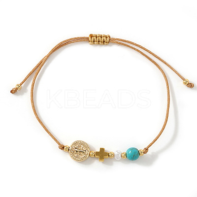 Brass Saint Benedict Medal Cross Synthetic Turquoise Beaded Braided Bracelets FP7792-1-1