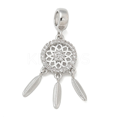 Brass Clear Cubic Zirconia Woven Web/Net with Feather European Dangle Charms KK-U050-01P-1