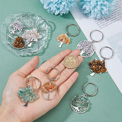 4 Sets 4 Styles Natural Gemstone Chip & Alloy Tree of Life Pendant Keychain KEYC-FH0001-45B-1