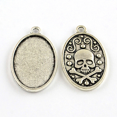 Oval Carved Skull Tibetan Style Alloy Pendant Cabochon Open Back Settings X-TIBEP-S289-01AS-RS-1