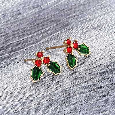 Cubic Zirconia Cherry Stud Earrings with Enamel EJEW-P199-14G-1