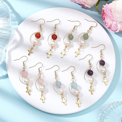 Shell Pearl Cross Dangle Earrings EJEW-JE06706-1