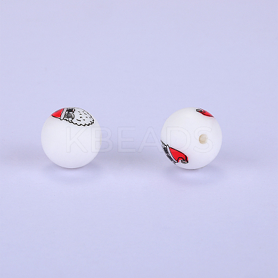 Printed Round with Snowman Pattern Silicone Focal Beads SI-JX0056A-145-1