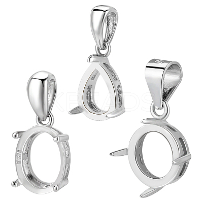 Anti-Tarnish 3Pcs 3 Styles Rhodium Plated 925 Sterling Silver Pendant Cabochon Settings with Prongs Mounting STER-PH0001-38-1