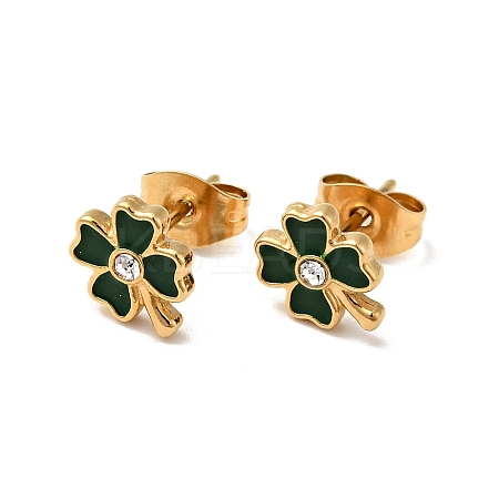 Ion Plating(IP) Enamel Clover with Crystal Rhinestone Stud Earrings with 316 Surgical Stainless Steel Pins EJEW-A081-12G-02-1