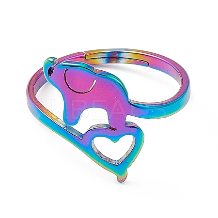 Ion Plating(IP) 201 Stainless Steel Elephant with Heart Adjustable Ring for Women RJEW-K238-07M-1