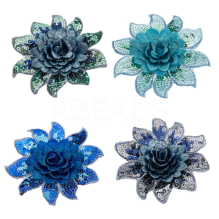  4Pcs 4 Colors 3D Flower Pattern Polyester Fabrics Computerized Embroidery Cloth Sew on Appliques PATC-NB0001-15A-1