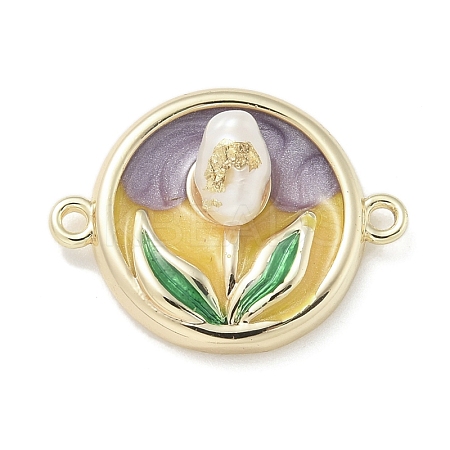 Brass Enamel Flat Round with Rose Connector Charms KK-M308-01G-01-1