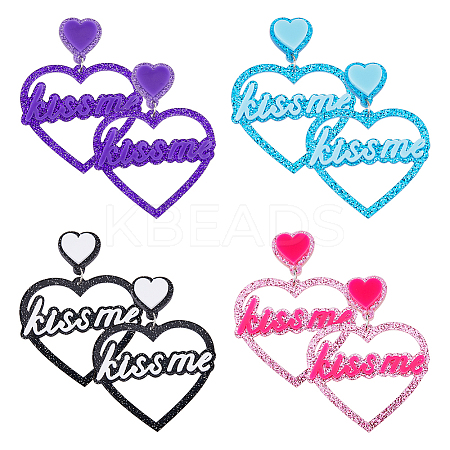 4 Pairs 4 Colors Heart with Word Kiss Me Acrylic Dangle Stud Earrings EJEW-FI0002-34-1
