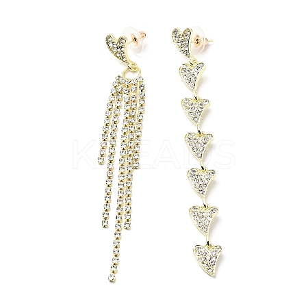 Crystal Rhinestone Heart Tassel Asymmetrical Earrings with 925 Sterling Silver Pins LS-EJEW-C037-05LG-1
