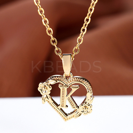 Brass Rose Flower Heart with Letter Pendant Cable Chain Necklaces FS-WG42461-11-1