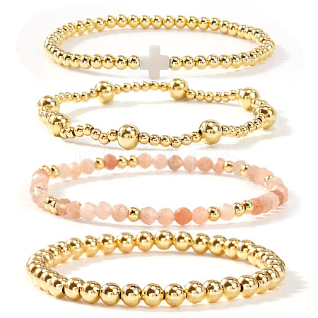 4Pcs Golden Brass & Glass Round Beaded Bracelet Sets XG4611-2-1