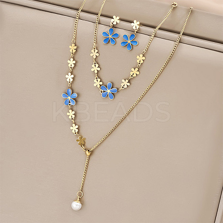 Flower Stainless Steel & Plastic Pearl Pendant Slider Necklace & Stud Dangle Earring & Link Bracelet FS-WG91D37-01-1
