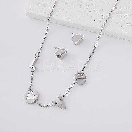 304 Stainless Steel Stud Heart Earrings & Letter LOVE Necklaces Sets for Women ZF6190-1-1