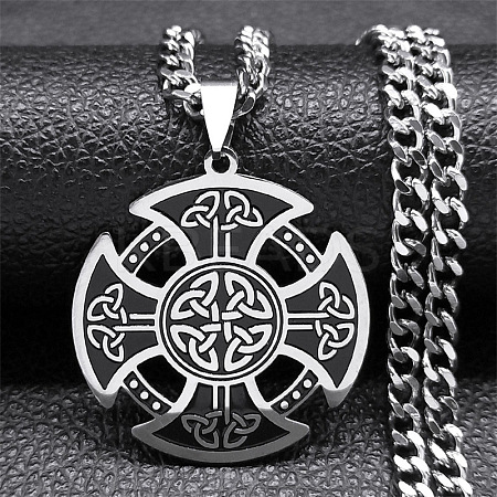 201 Stainless Steel Black Enamel Viking Kont Cross Pendant Necklaces NJEW-H065-12P-1