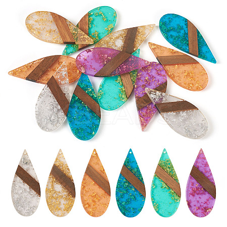 12Pcs 6 Colors Transparent Resin & Walnut Wood Big Pendants WOOD-TA0002-48-1