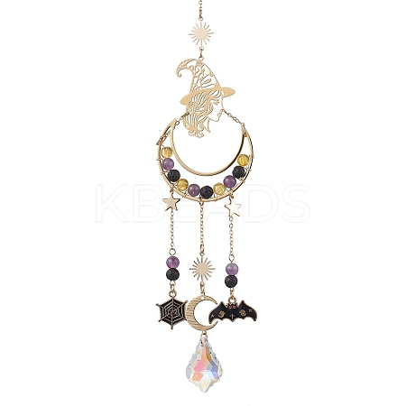 Halloween Natural Amethyst & Lava Rock & Synthetic Citrine Beads & Metal Witch & Moon Hanging Ornaments HJEW-TA00251-1