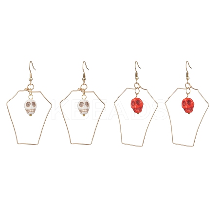 Halloween Skull Synthetic Dyed Turquoise & Copper Wire Dangle Earrings for Women EJEW-JE05884-1