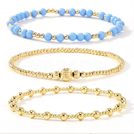 3Pcs Glass & Brass Round Beads Stretch Bracelets HD9470-3-1