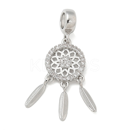 Brass Clear Cubic Zirconia Woven Web/Net with Feather European Dangle Charms KK-U050-01P-1