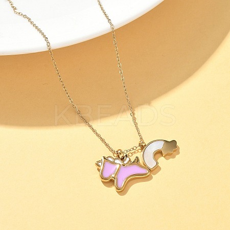 304 Stainless Steel Pearl Pink Enamel & Natural White Shell Pendant Unicorn Rainbow Pendant Necklaces for Women NJEW-M101-02G-1