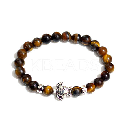 Natural Tiger Eye Round Beaded Stretch Bracelet with Turtle UL4697-1-1
