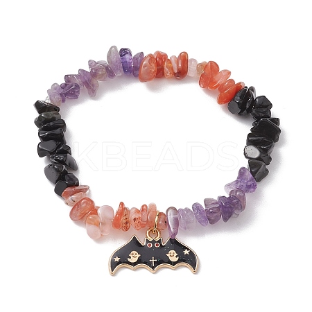 Natural South Red Agate & Amethyst & Obsidian Chips Beaded Stretch Bracelets BJEW-TA00493-1