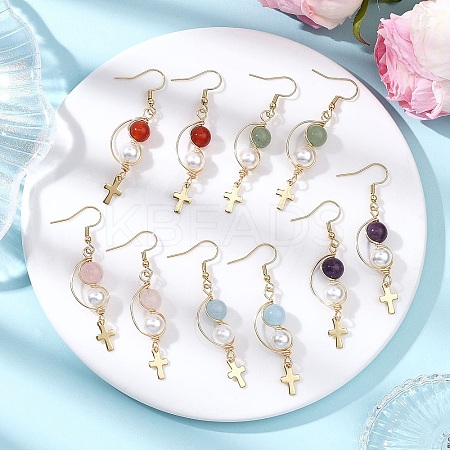 Shell Pearl Cross Dangle Earrings EJEW-JE06706-1