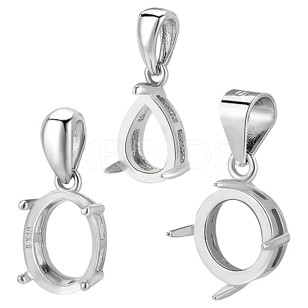 Anti-Tarnish 3Pcs 3 Styles Rhodium Plated 925 Sterling Silver Pendant Cabochon Settings with Prongs Mounting STER-PH0001-38-1