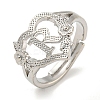 Heart with Letter & Flower Rack Plating Brass Adjustable Rings for Women RJEW-I105-05P-R-1