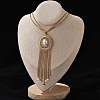 Bohemian 304 Stainless Steel & Imitation Pearl Oval Tassel Pendant Necklaces for Women NJEW-Z061-11G-1
