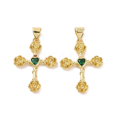 Cross with Flower Brass Micro Pave Cubic Zirconia Pendants KK-G435-06G-01-1